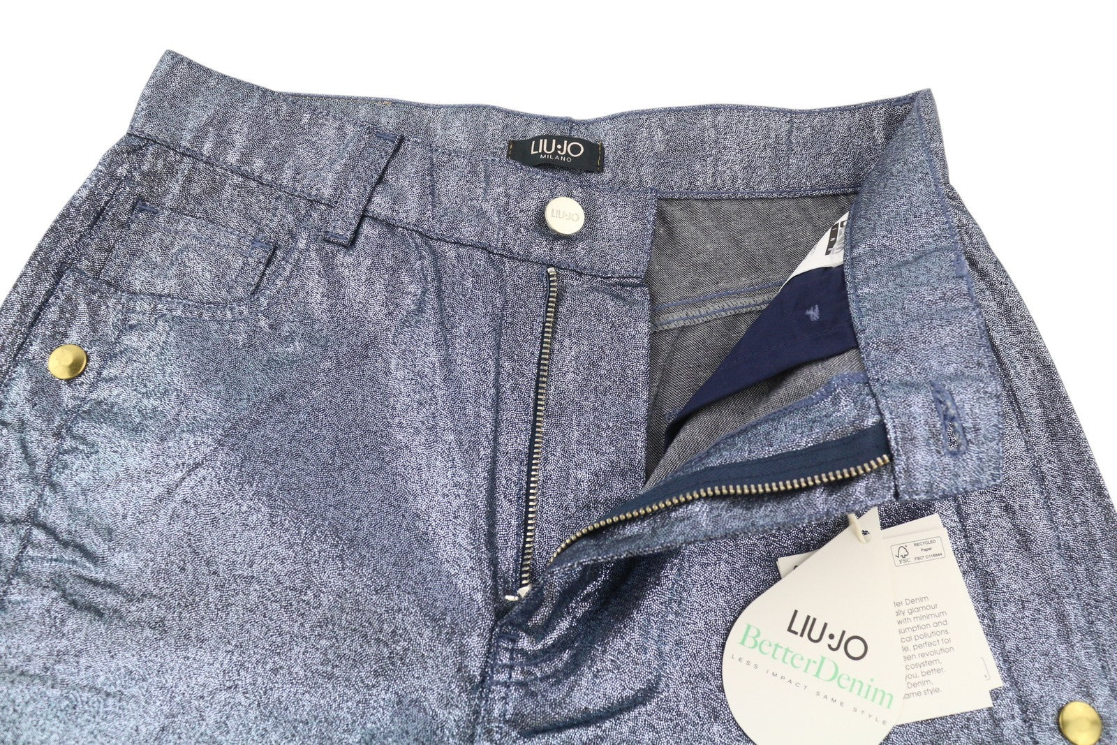 LIU JO Laminato Women Jeans W28 Glitter Blue Denim Snap Side Zip Fly