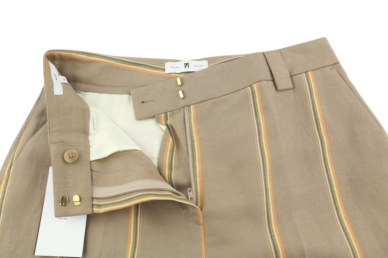 PT TORINO Ambra Women's Trousers 40 W28 Brown Linen Pinstripe Turn-Up