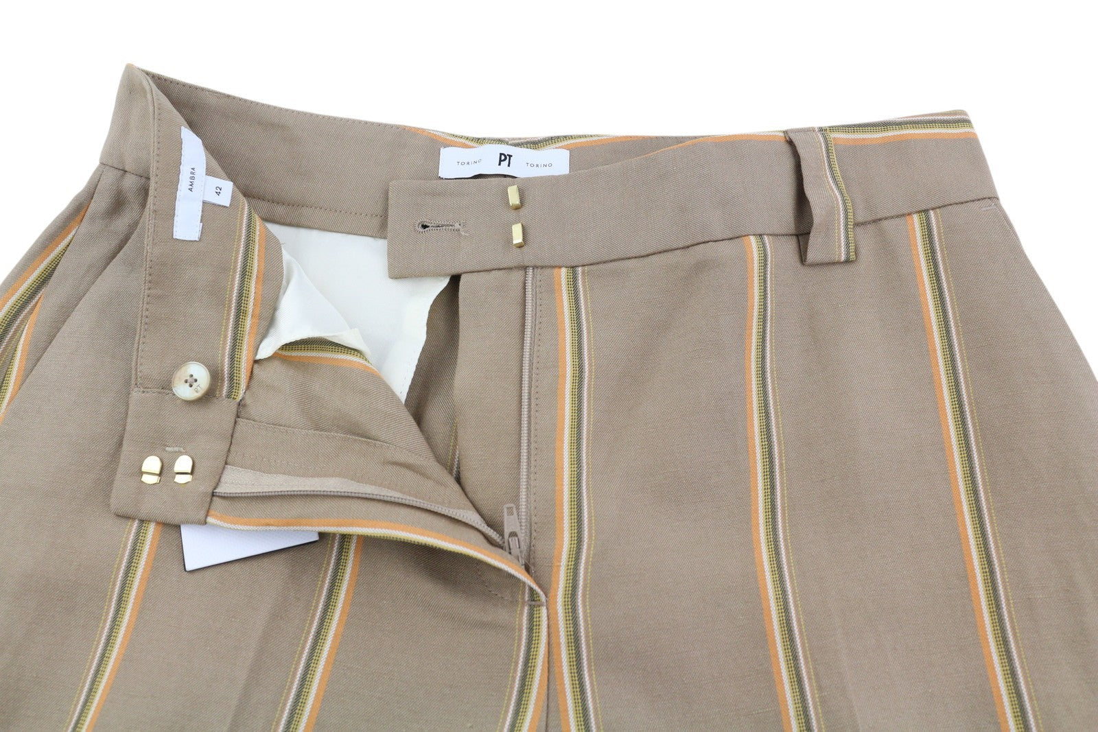 PT TORINO Ambra Women's Trousers 42 W30 Brown Pinstriped Linen Turn-Up