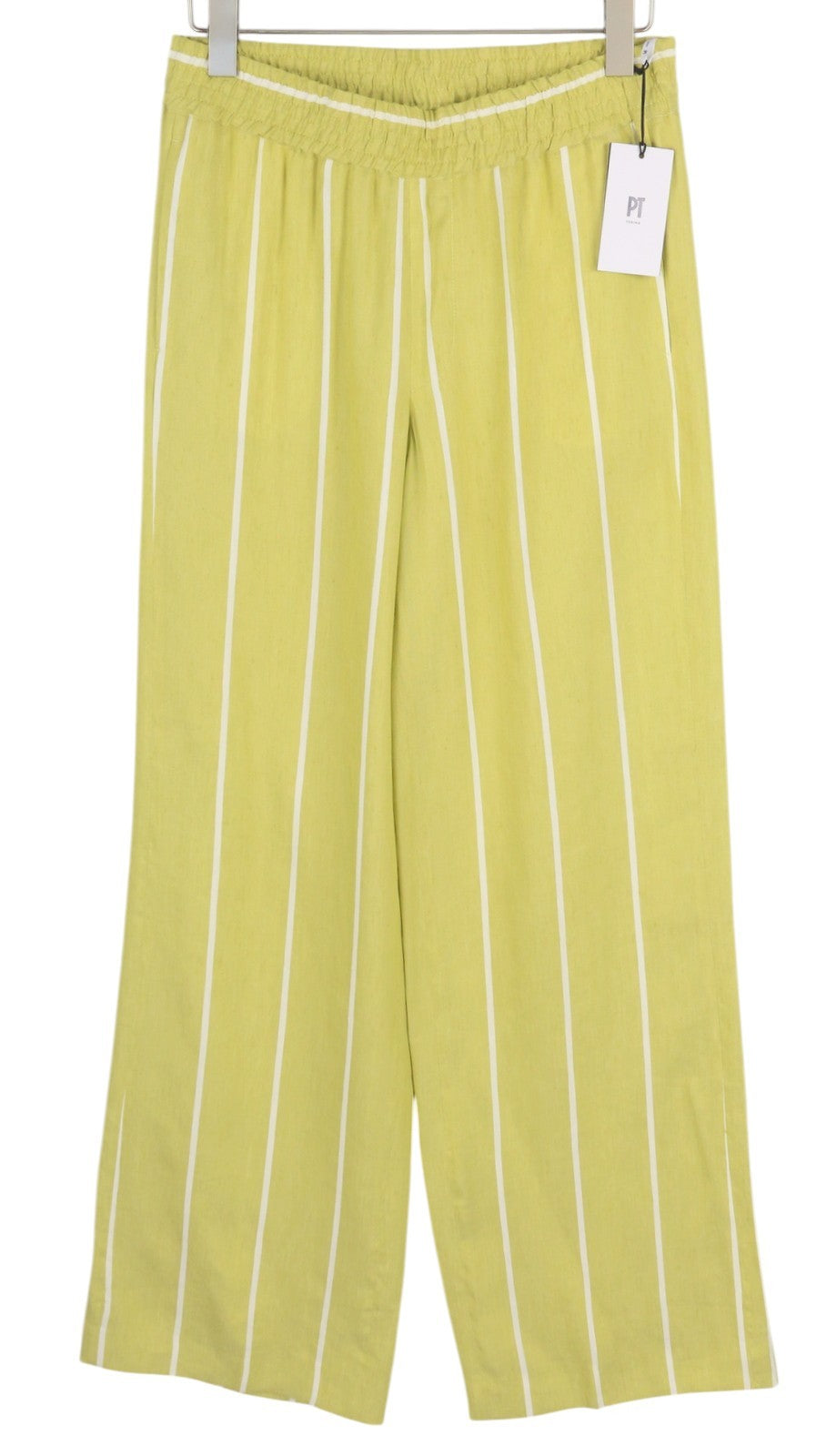 PT TORINO Lydia Women's Trousers 42 W30 Green Elastic Waist Pinstriped Linen