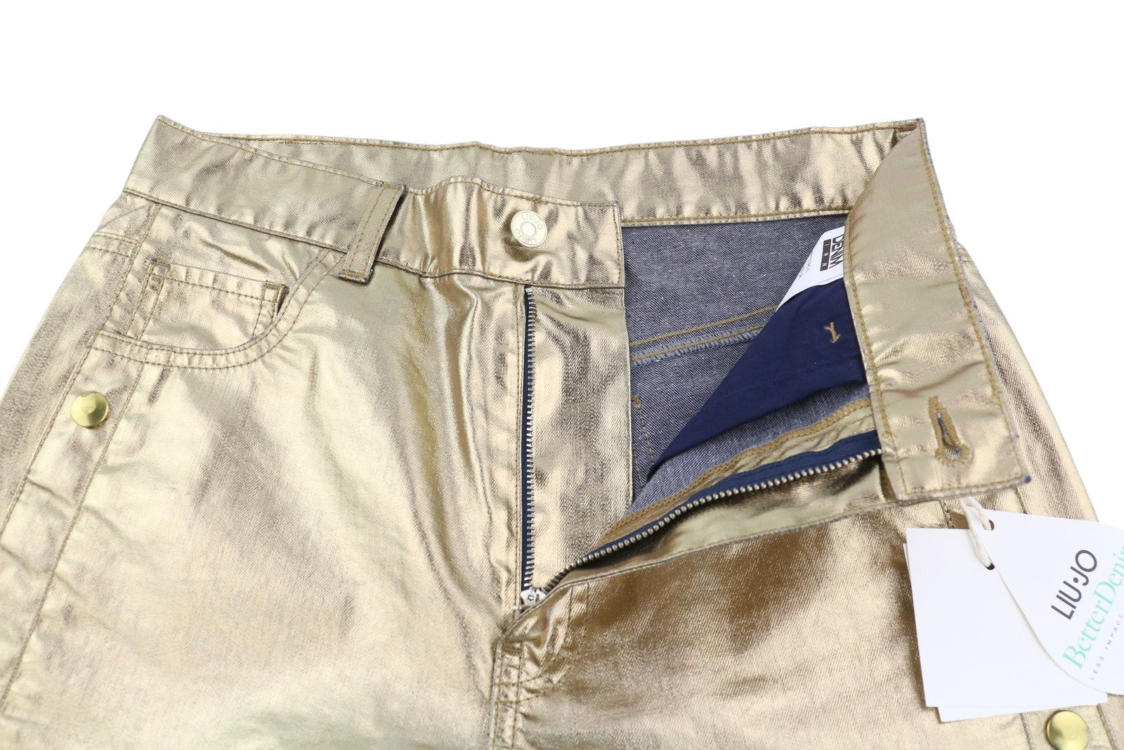 LIU JO Laminato Women's Trousers W28 Gold Shiny Slim Fit Zip Fly Snap Detail