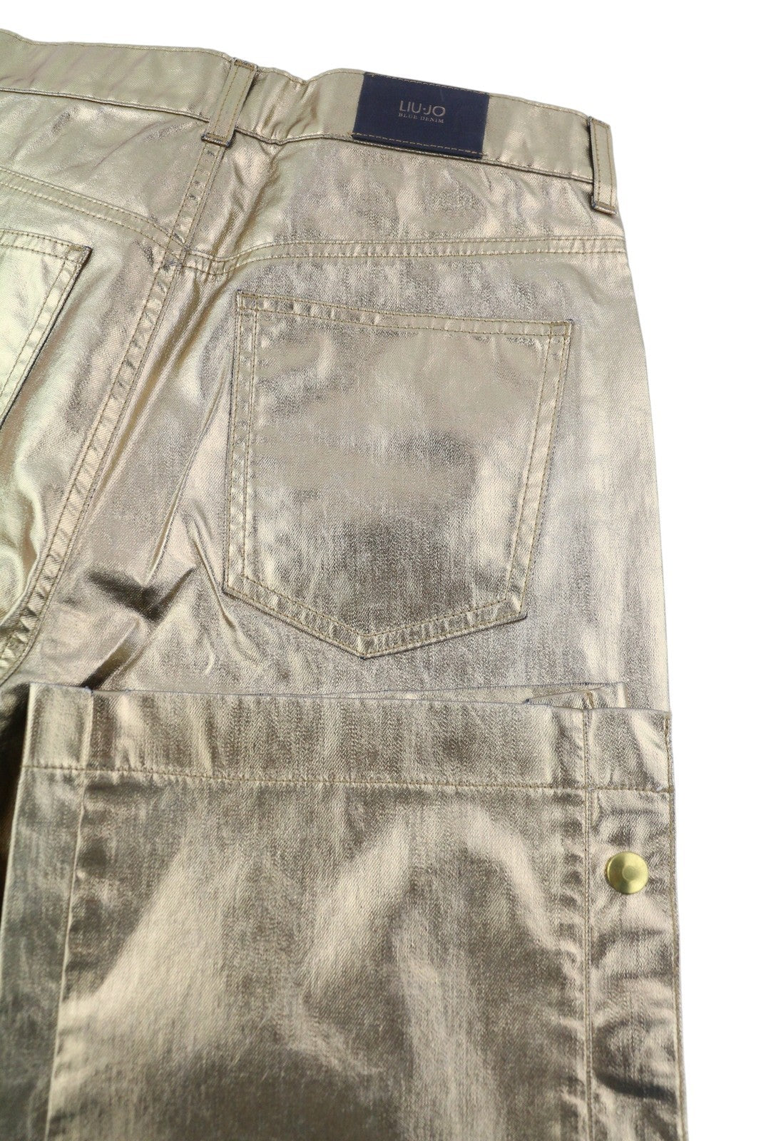 LIU JO Laminato Women's Trousers W28 Gold Shiny Slim Fit Zip Fly Snap Detail