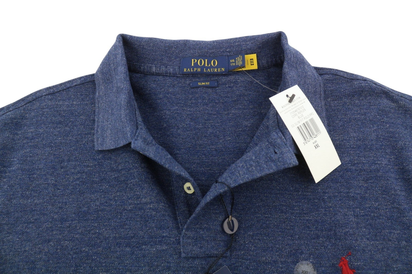 RALPH LAUREN Slim Fit Men Polos 2XL Melange Blue Embroidered Logo Short Sleeved