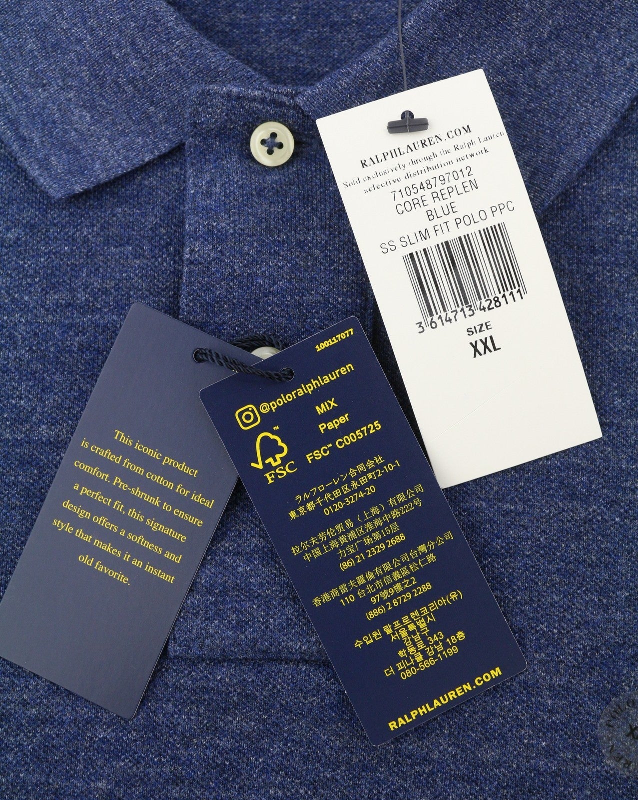 RALPH LAUREN Slim Fit Men Polos 2XL Melange Blue Embroidered Logo Short Sleeved