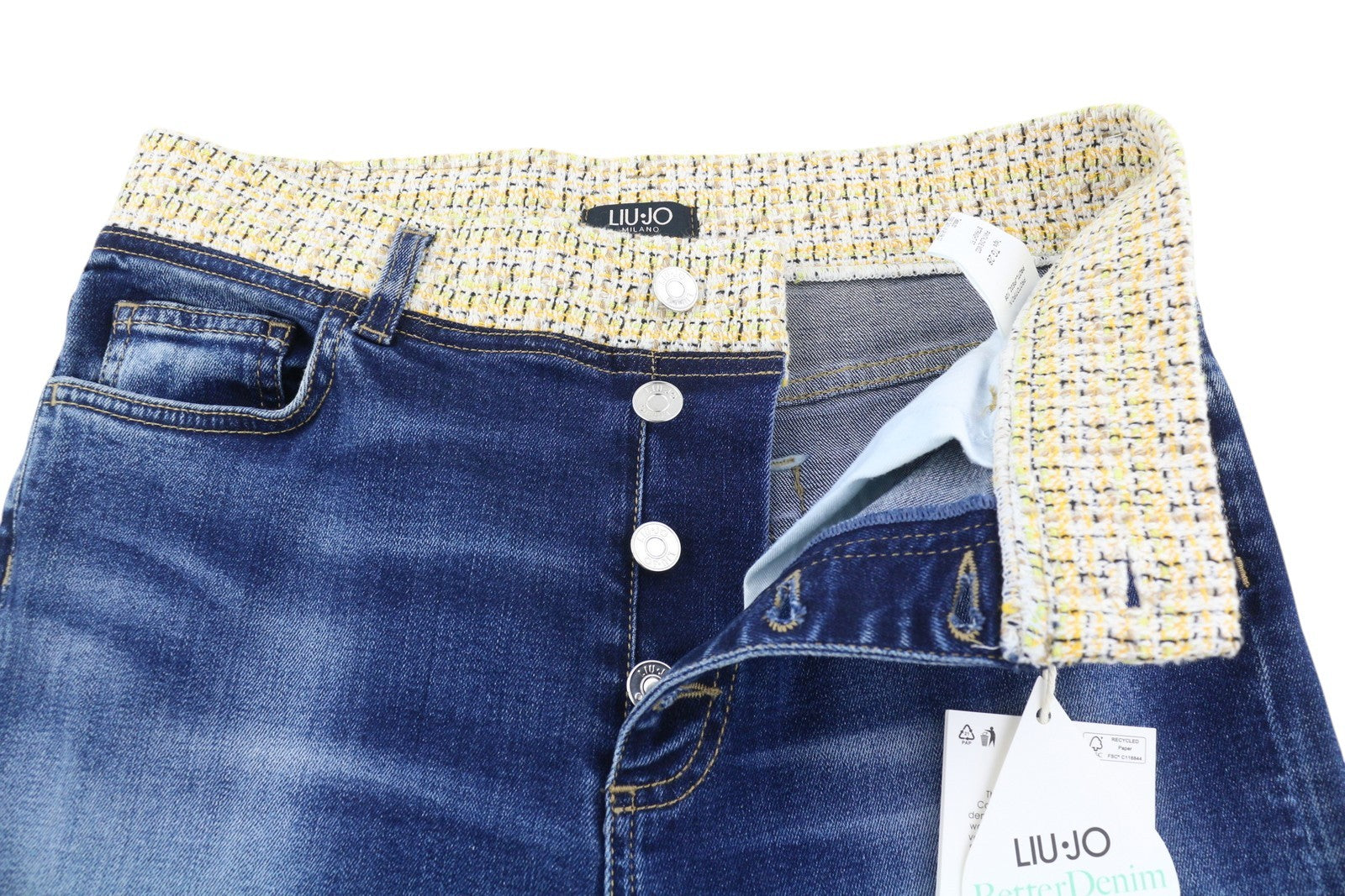 LIU JO Women's Jeans W28 Blue Straight Fit Tweed Hem Ankle Buttoned