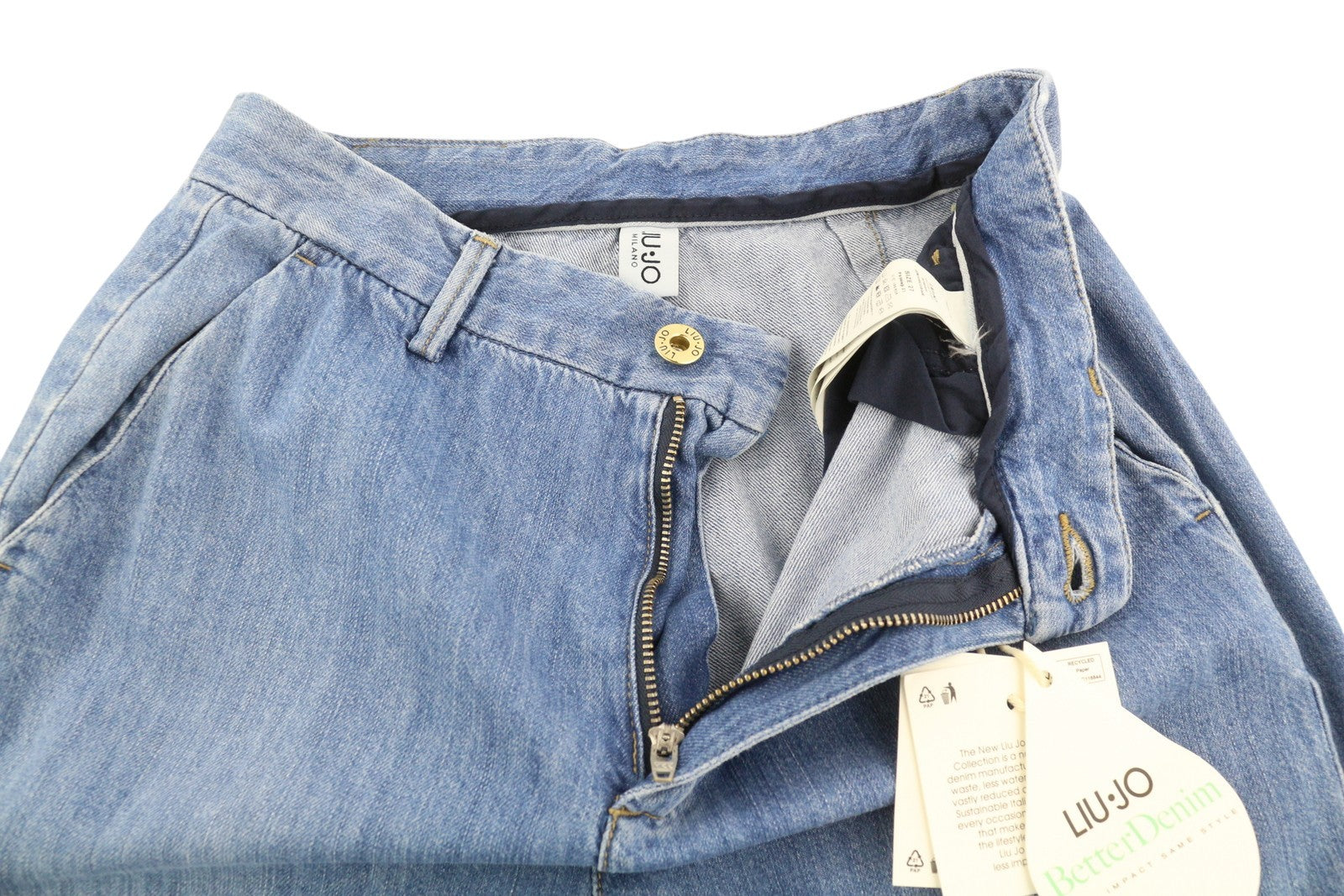 LIU JO Women's Jeans W27 Light Blue Straight Fit Zip Fly High Waist Logo