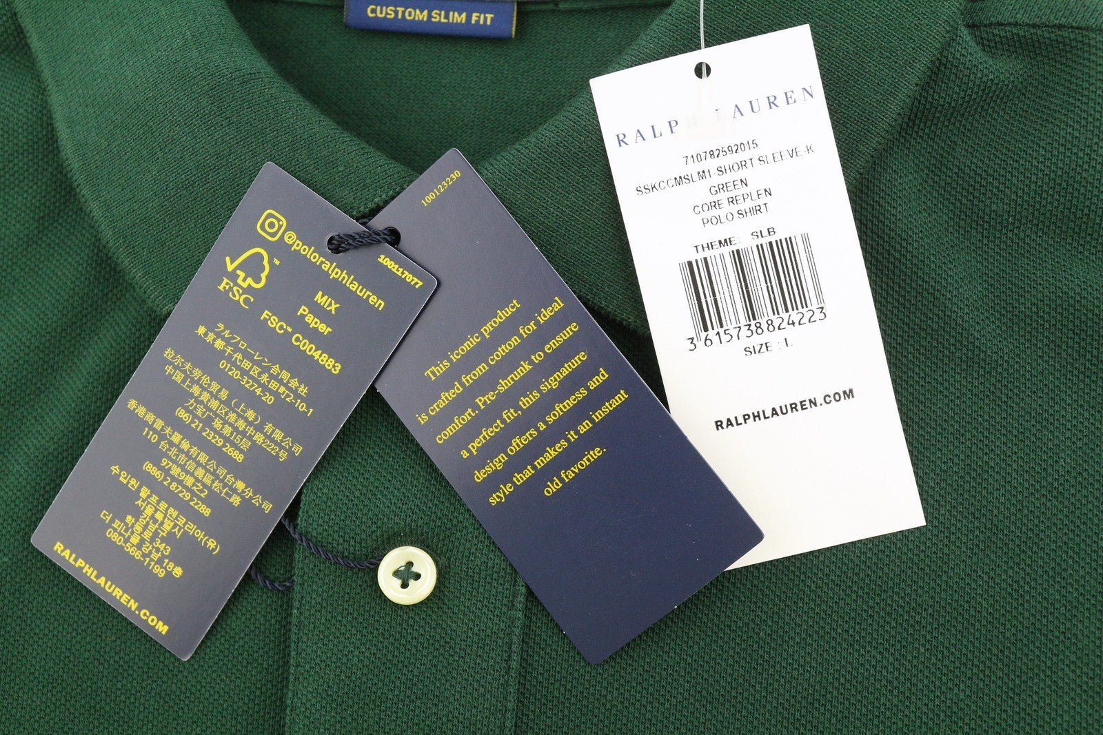 RALPH LAUREN Custom Slim Fit Men Polos L Green Embroidered Logo Short Sleeved