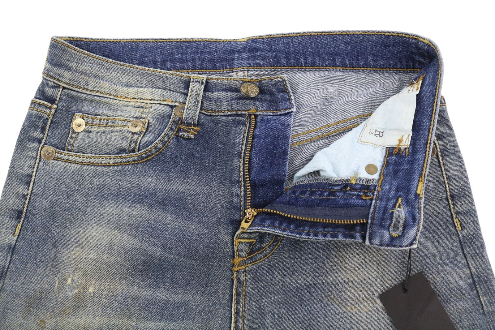 R13 Women Jeans 24 Blue Faded Painted Dirty Look Ankle Length Crop Crotch Denim