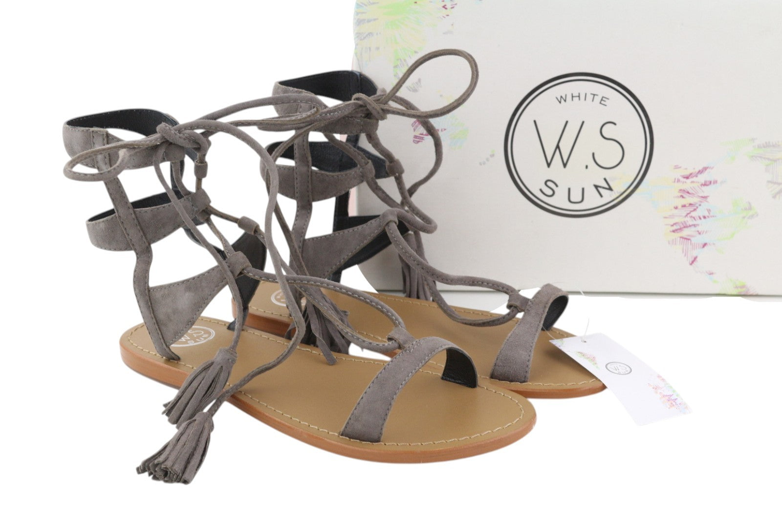 WHITE SUN Women Sandals EU38 Grey Suede Gladiator Fringe Detail Flat Design