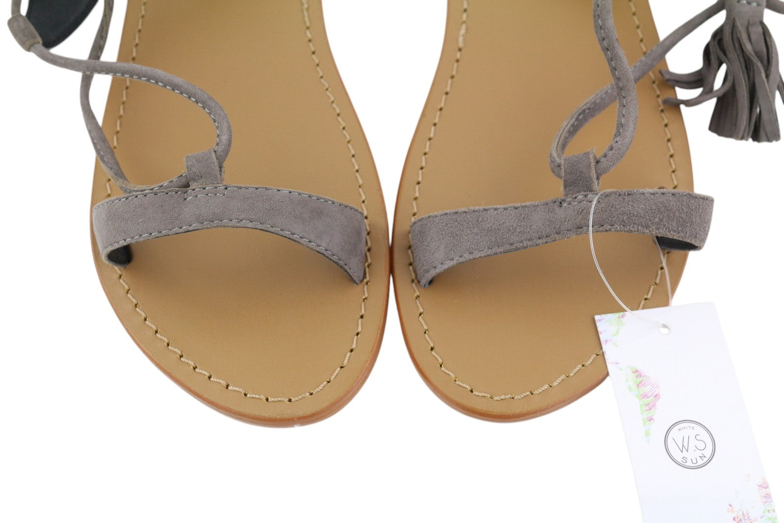 WHITE SUN Women Sandals EU38 Grey Suede Gladiator Fringe Detail Flat Design