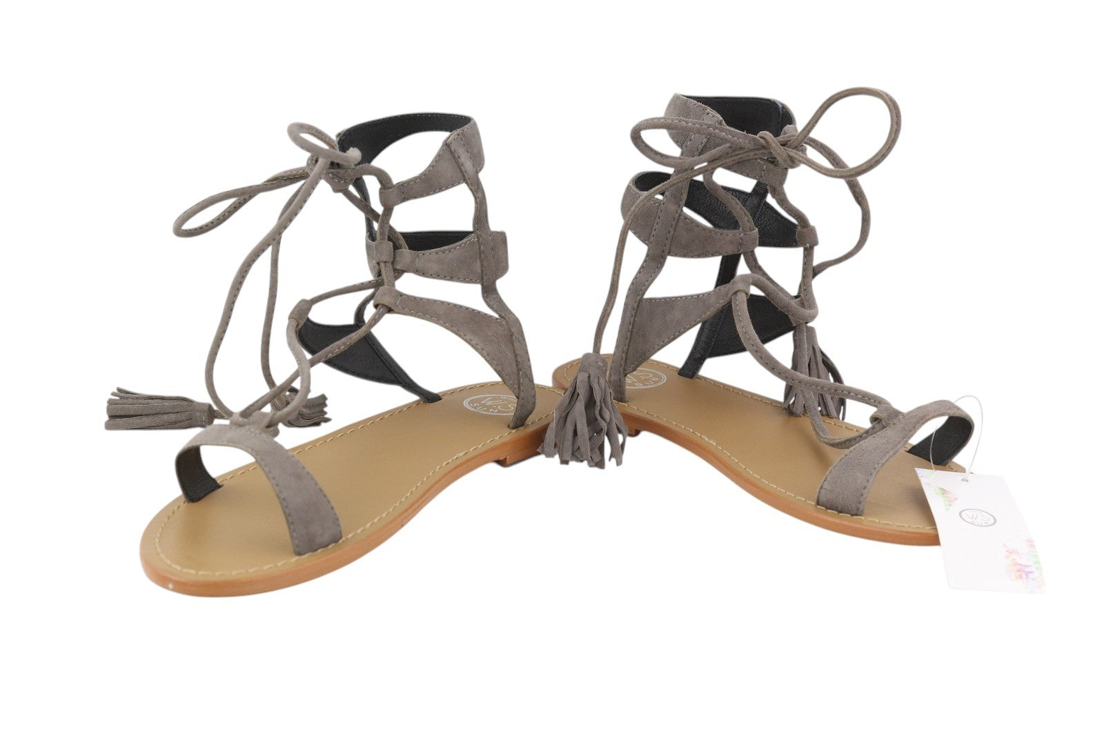 WHITE SUN Women Sandals EU38 Grey Suede Gladiator Fringe Detail Flat Design