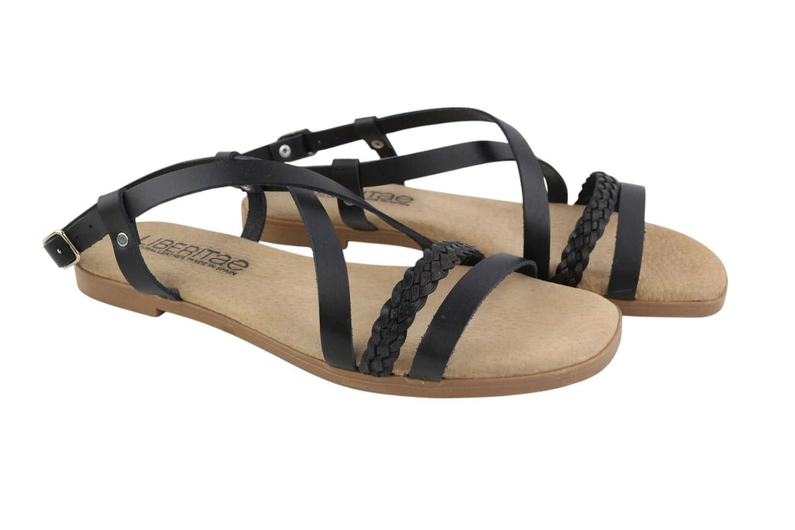 LIBERITAE Women Sandals EU38 Black Leather Buckle Open Toe Casual Logo Style