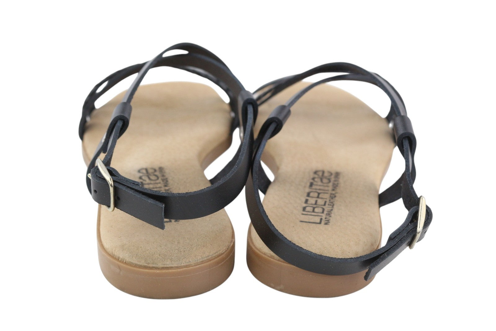 LIBERITAE Women Sandals EU38 Black Leather Buckle Open Toe Casual Logo Style