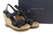 TOMMY HILFIGER Corporate Women Sandals EU40 Black Leather Wedge Strappy Style