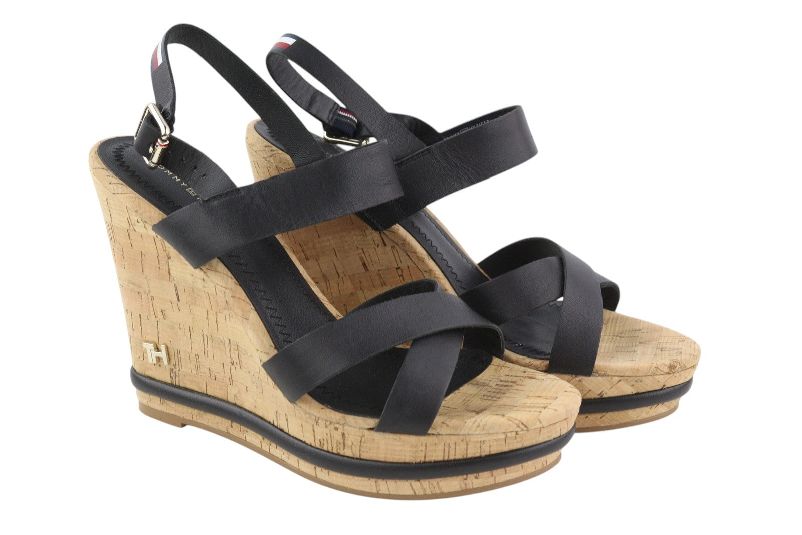 TOMMY HILFIGER Corporate Women Sandals EU40 Black Leather Wedge Strappy Style
