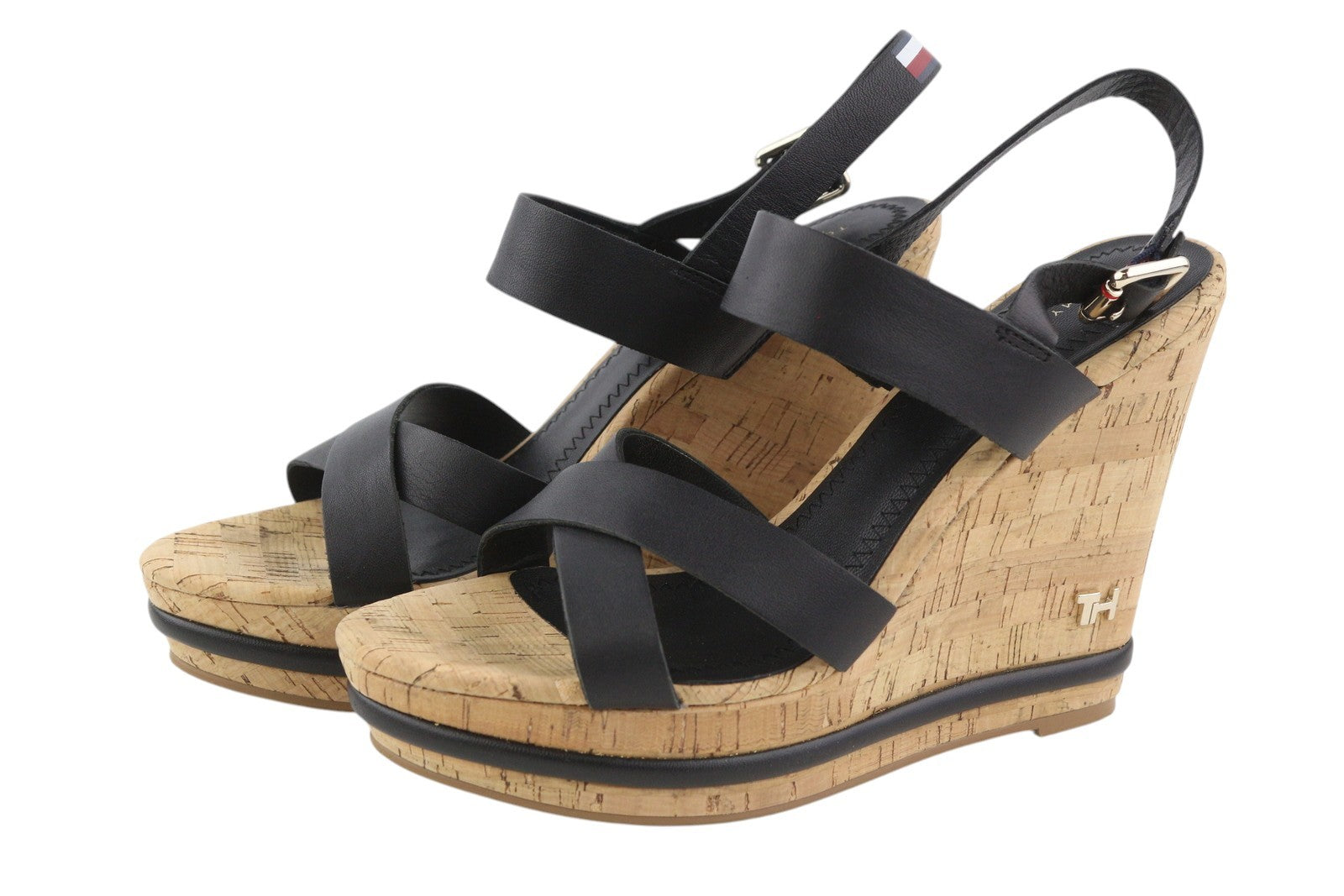 TOMMY HILFIGER Corporate Women Sandals EU40 Black Leather Wedge Strappy Style
