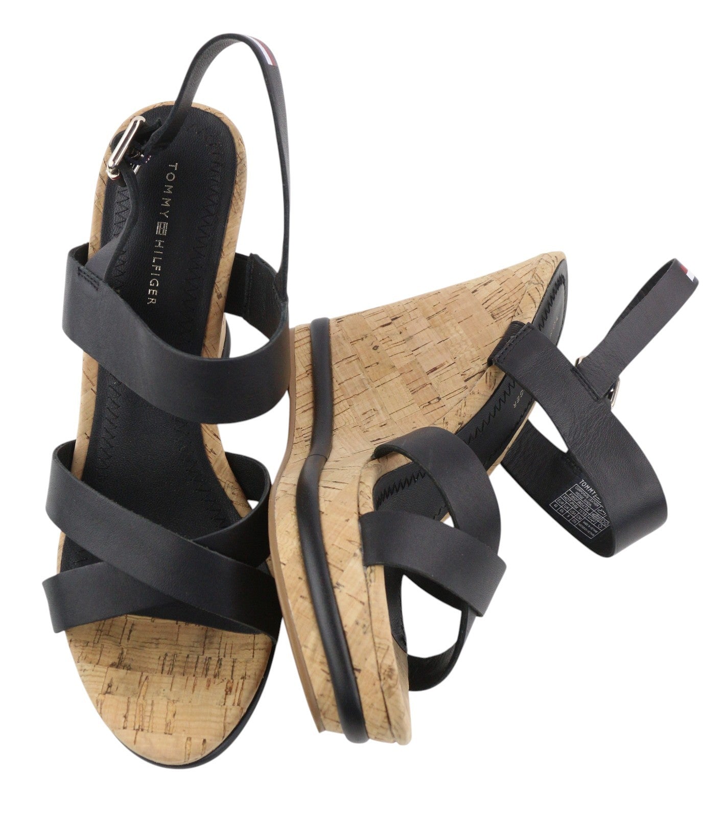 TOMMY HILFIGER Corporate Women Sandals EU40 Black Leather Wedge Strappy Style