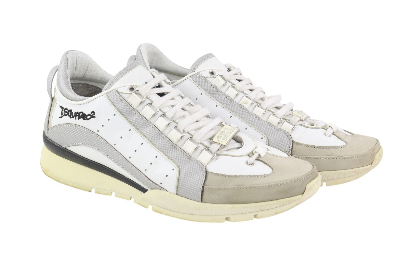 DSQUARED2 Men Sneakers EU44 White Leather Grey Trainers Low Almond Toe Laced