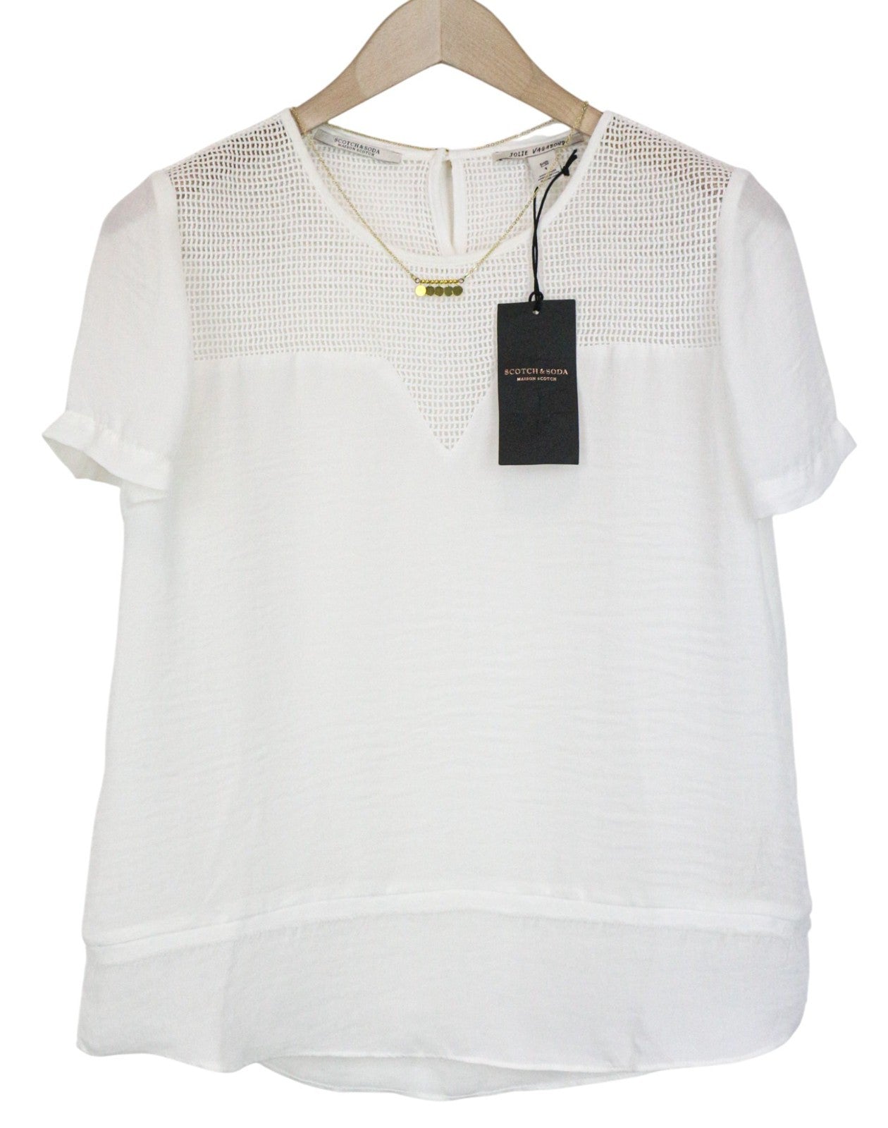 MAISON SCOTCH moteriški marškinėliai su trumpomis rankovėmis, balti, laisvalaikio stiliaus, medvilniniai, S dydžio 