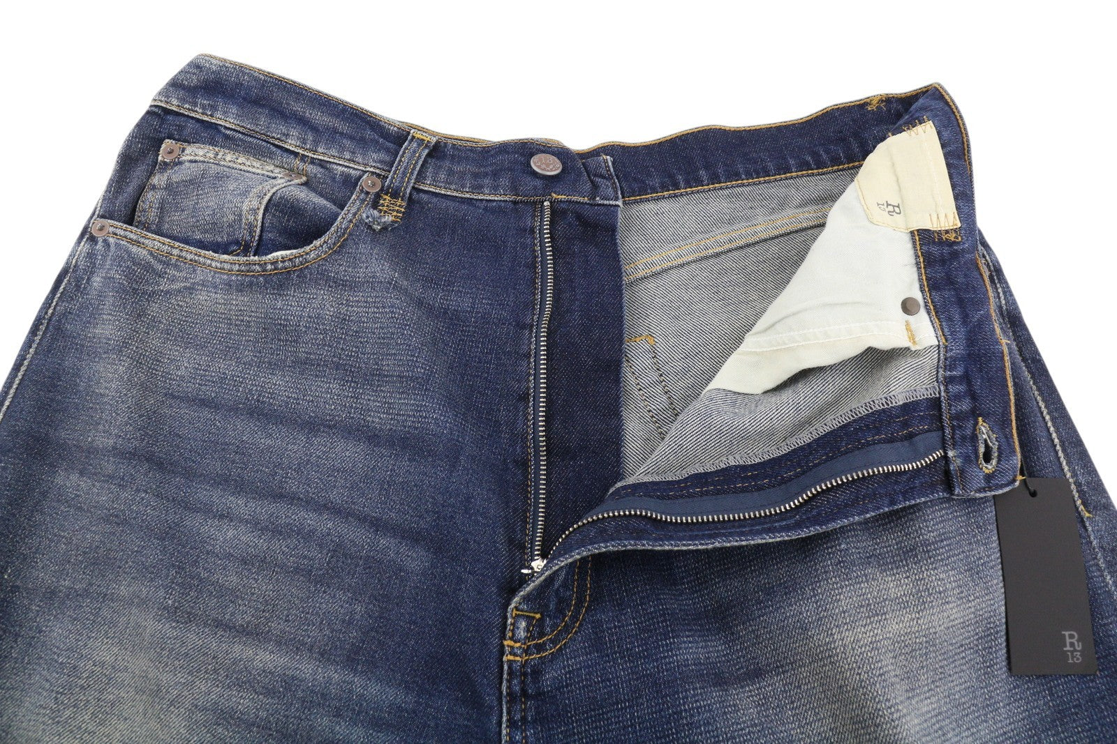 R13 Jesse moteriški džinsai, 34 dydis, mėlyni, laisvo kirpimo, su nuleistu tarpkoju, išblukę džinsai. 