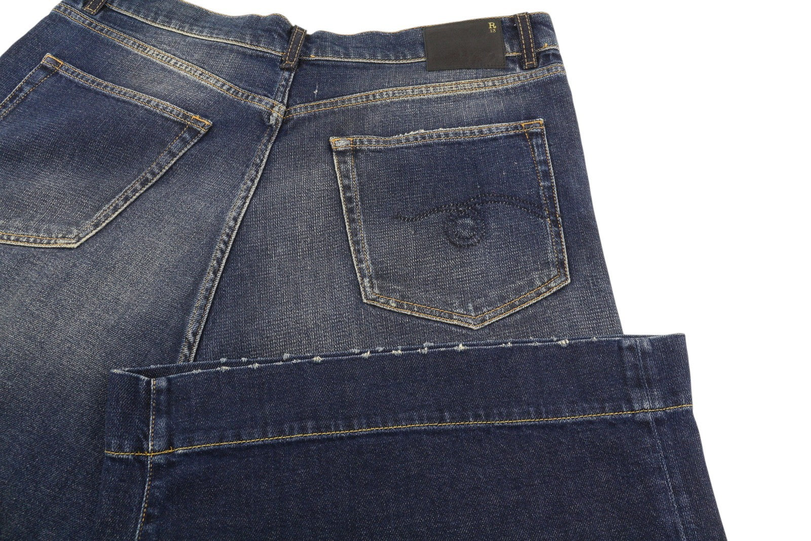 R13 Jesse moteriški džinsai, 34 dydis, mėlyni, laisvo kirpimo, su nuleistu tarpkoju, išblukę džinsai. 