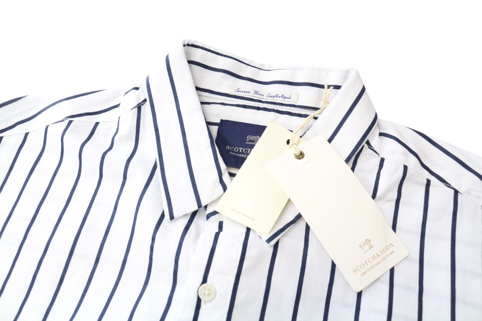 SCOTCH &amp; SODA Ams Couture vyriški marškinėliai, L dydžio, balti, dryžuoti, ilgi, grynos medvilnės