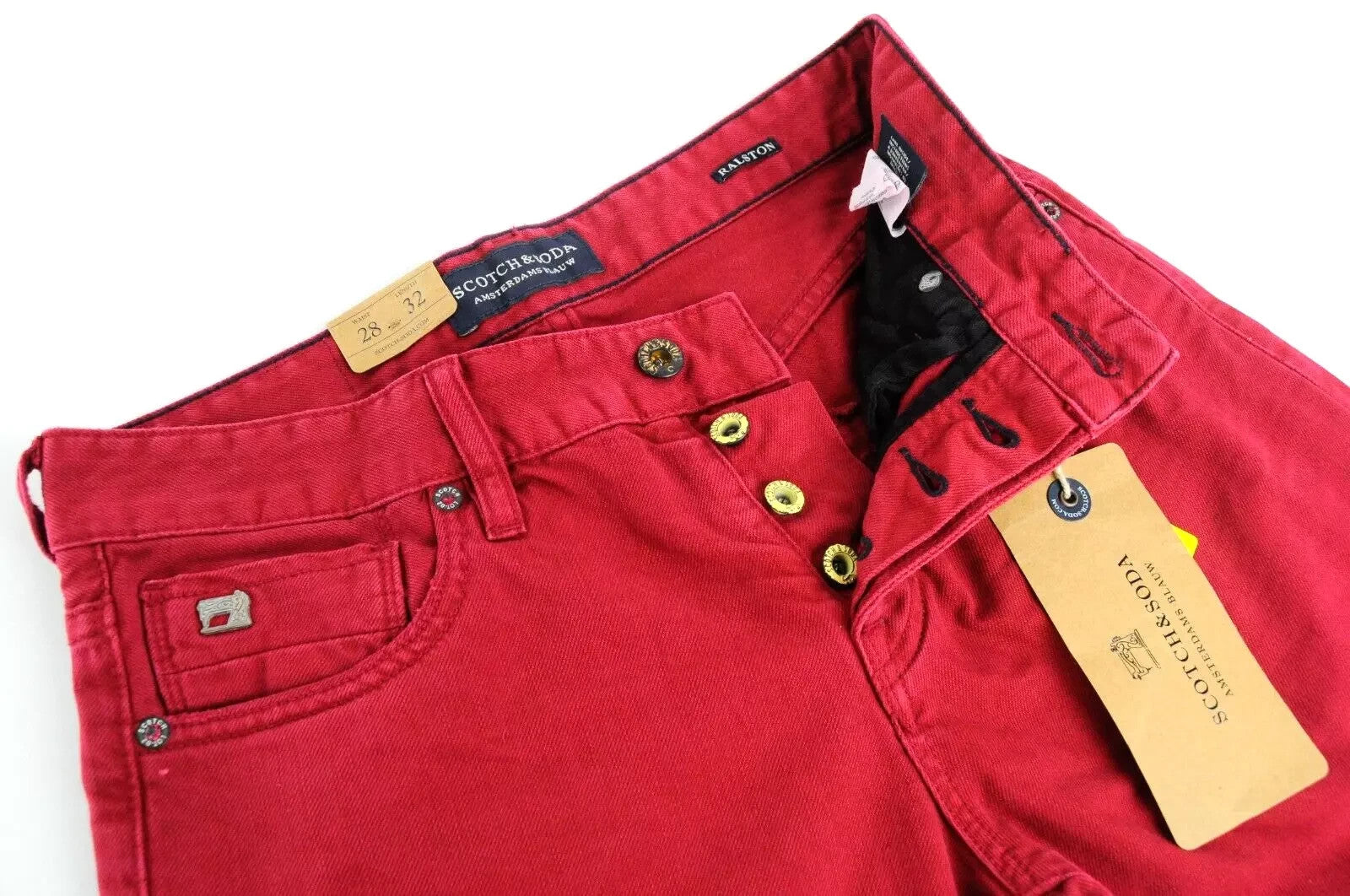 SCOTCH & SODA Ralston Men Jeans W28/L32 Red Bordeaux Slim Fit Buttoned Denim