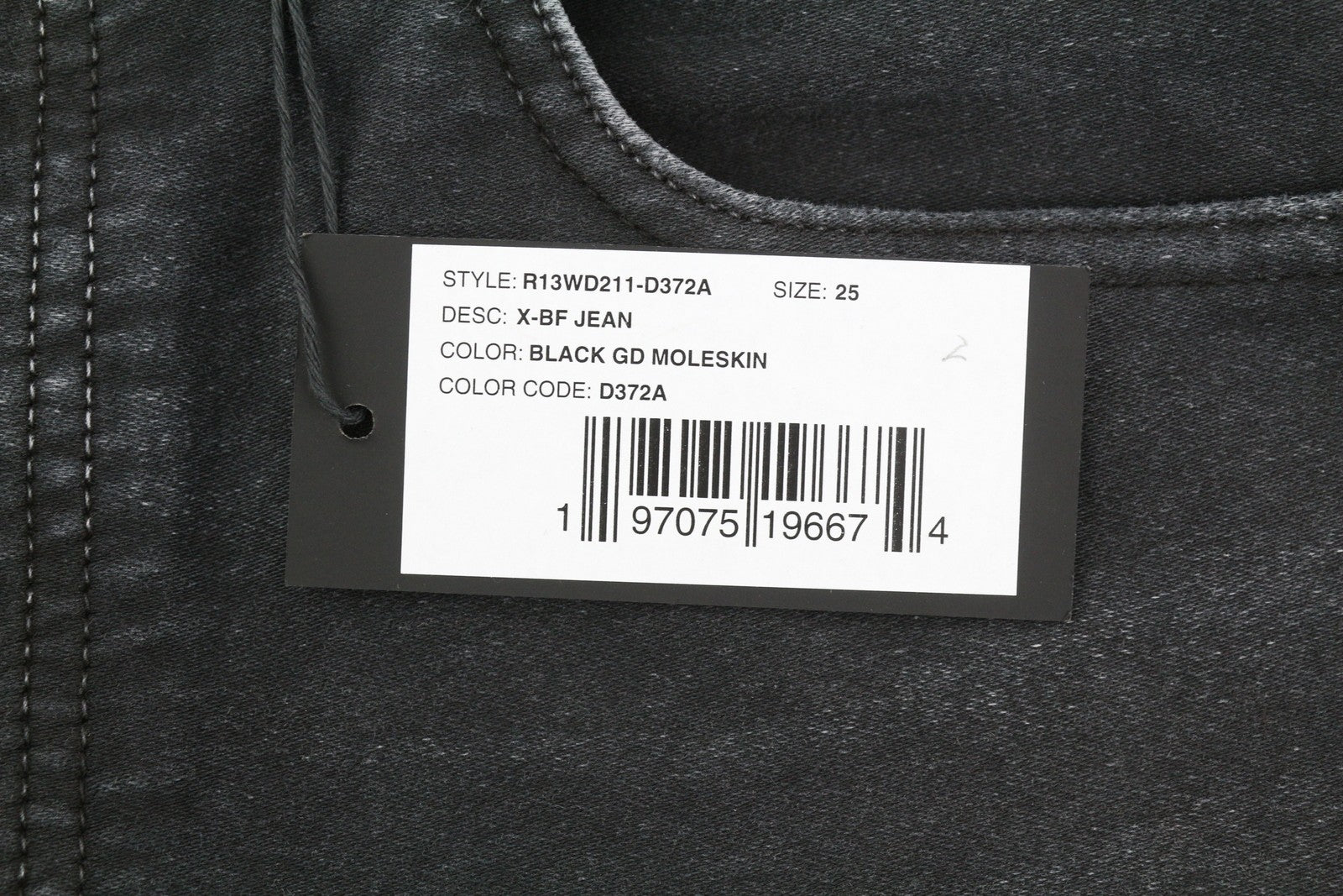 R13 X-BF moteriški džinsai 25 juodi dažyti moleskino trumpinti džinsai su užtrauktuku FW25 