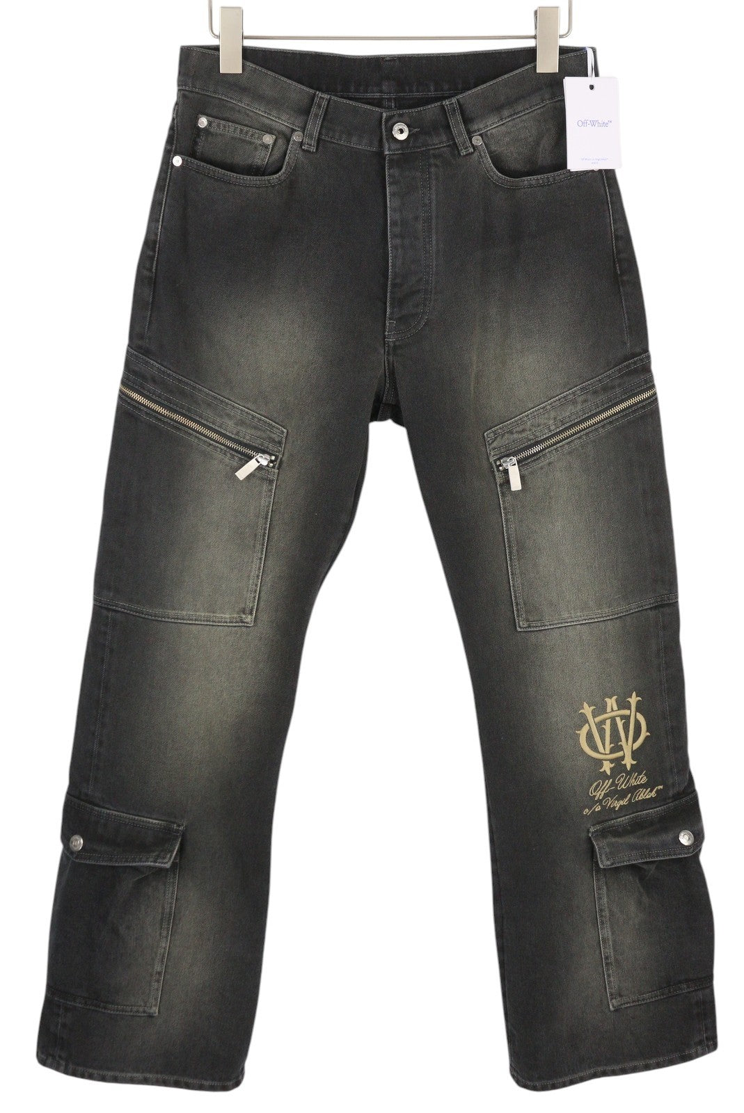 BALTOS VIRGIL ABLOH gotikinės Ow skate cargo vyriškos džinsinės kelnės W32 juodos išblukintos F25 