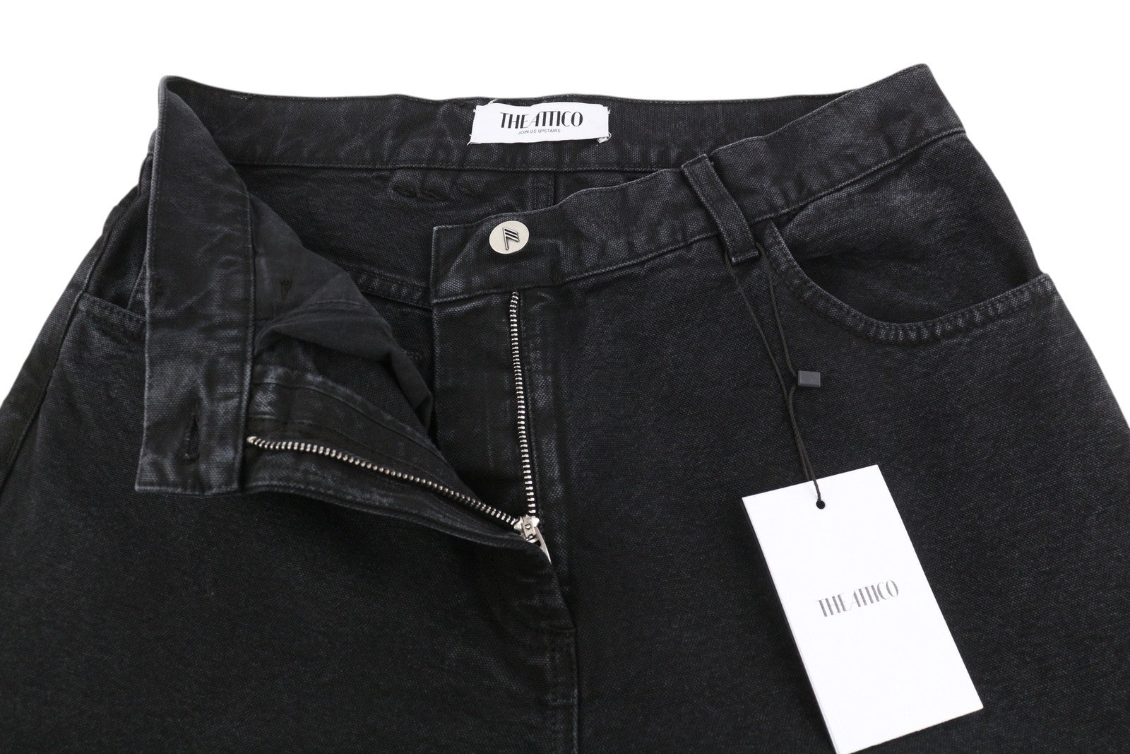 THE ATTICO moteriški džinsai 27 juodi laisvi, maišyto kirpimo, su iškirpte FW25 RRP590 