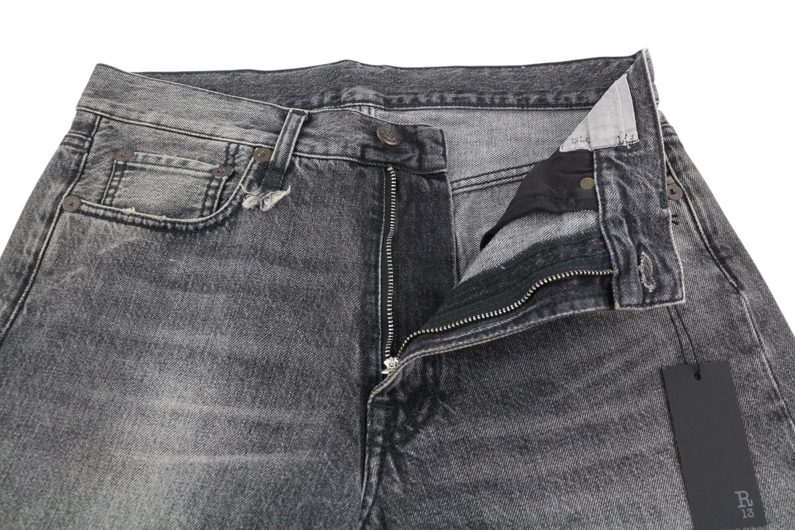 R13 Boyfriend moteriški džinsai 26 Leyton juodi išblukinti tiesūs trumpi PF25 RRP699 