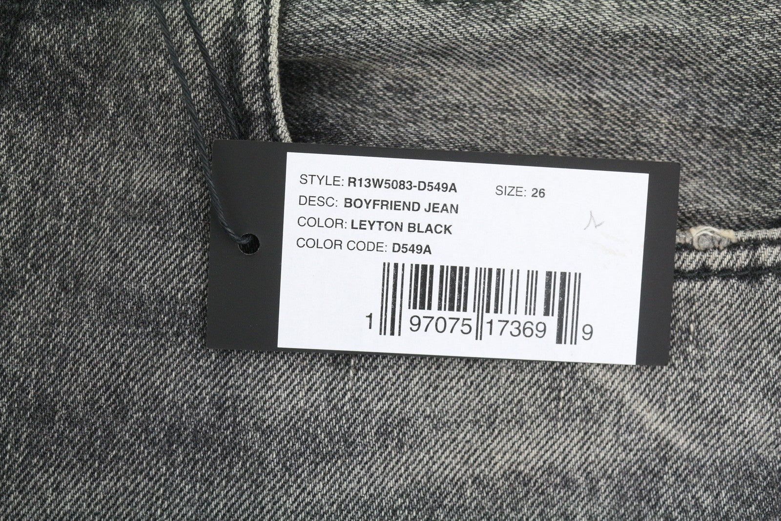 R13 Boyfriend moteriški džinsai 26 Leyton juodi išblukinti tiesūs trumpi PF25 RRP699 