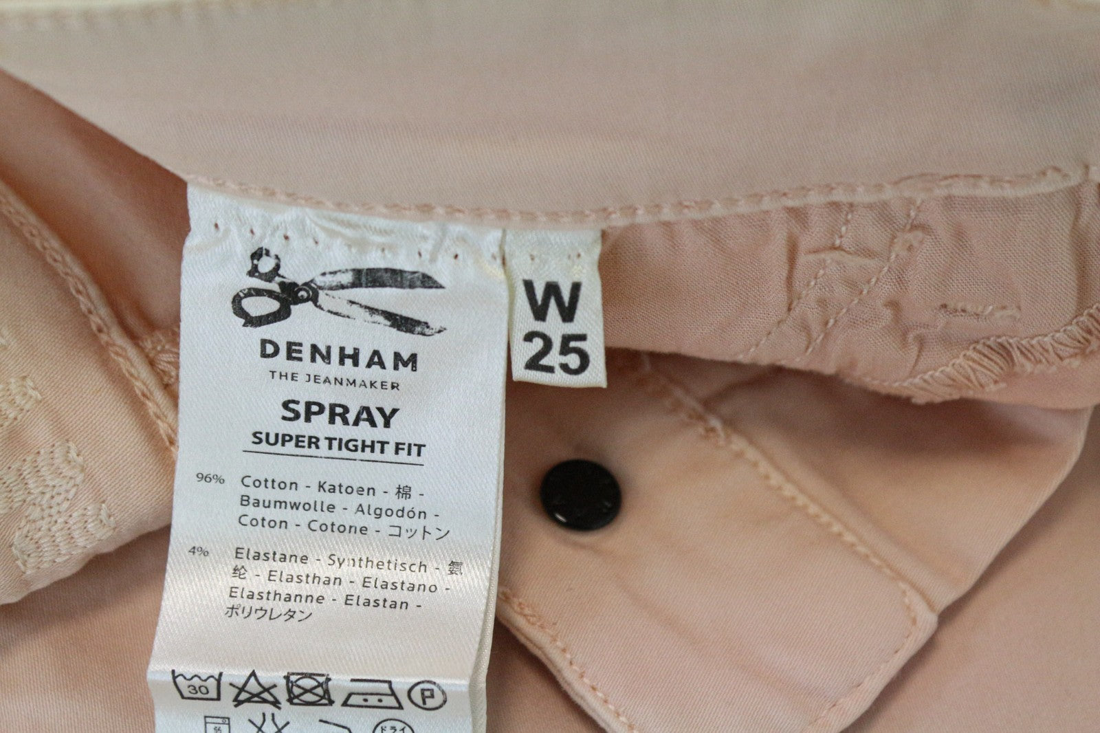 DENHAM purškiamos moteriškos kelnės W28/L32 rožinės, labai aptemptos, tamprios medvilnės laisvalaikio stiliaus 