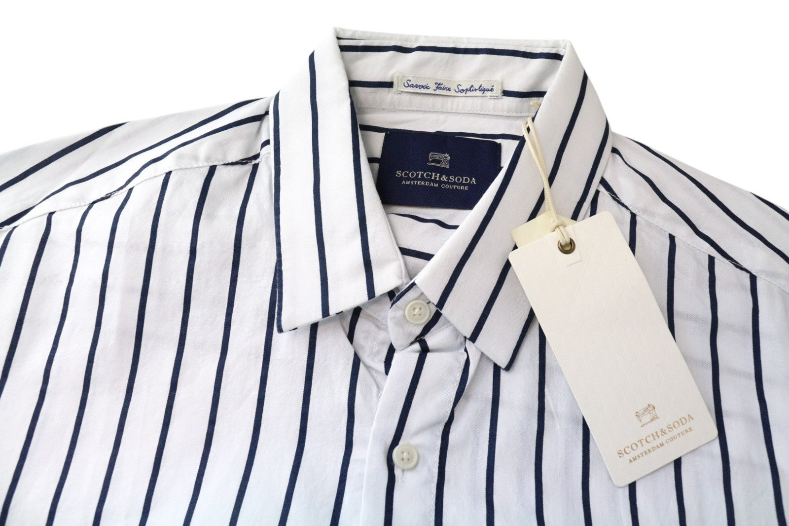 SCOTCH &amp; SODA Ams Couture vyriški marškinėliai M, balti, dryžuoti, ilgi, grynos medvilnės 