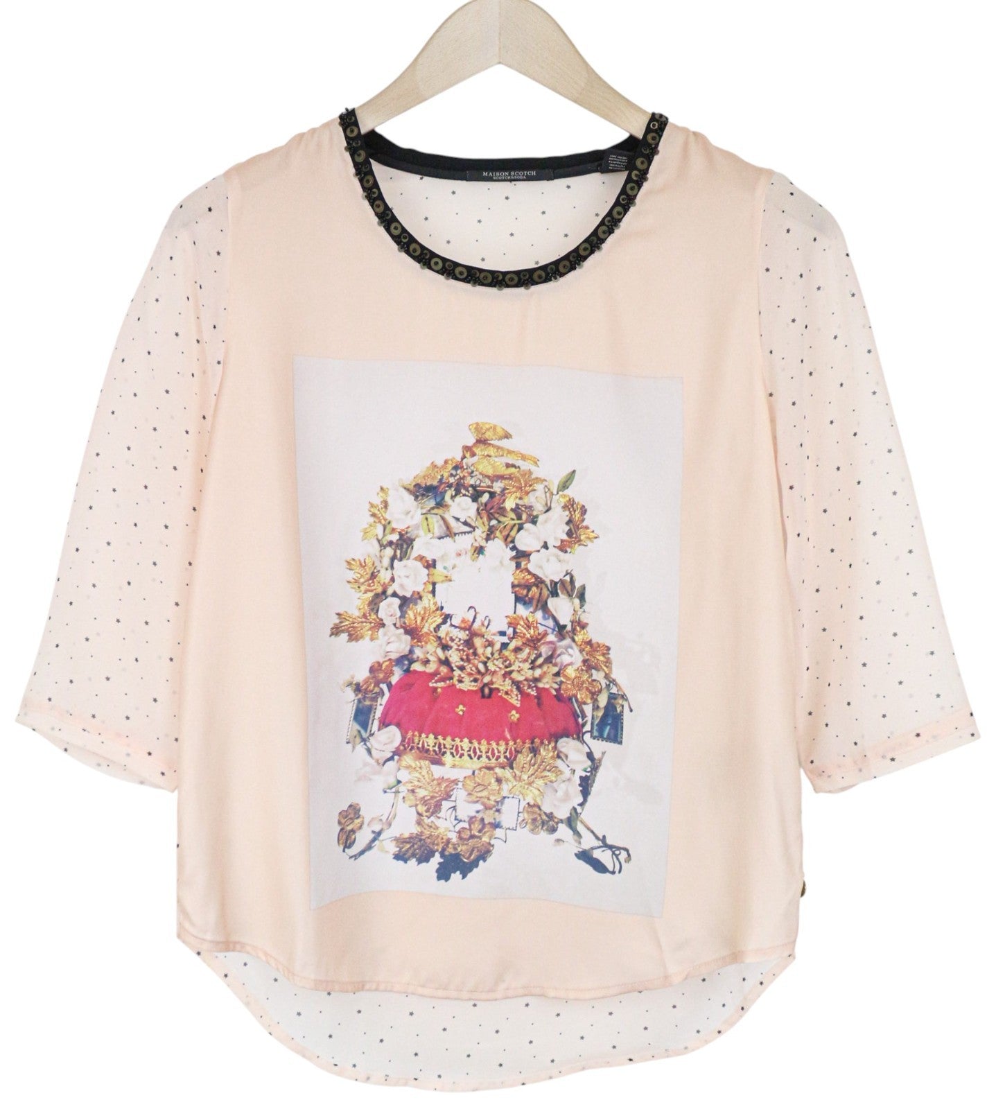 MAISON SCOTCH moteriški marškinėliai XS rožiniai su logotipu ir lengvu raštuotu megztiniu 