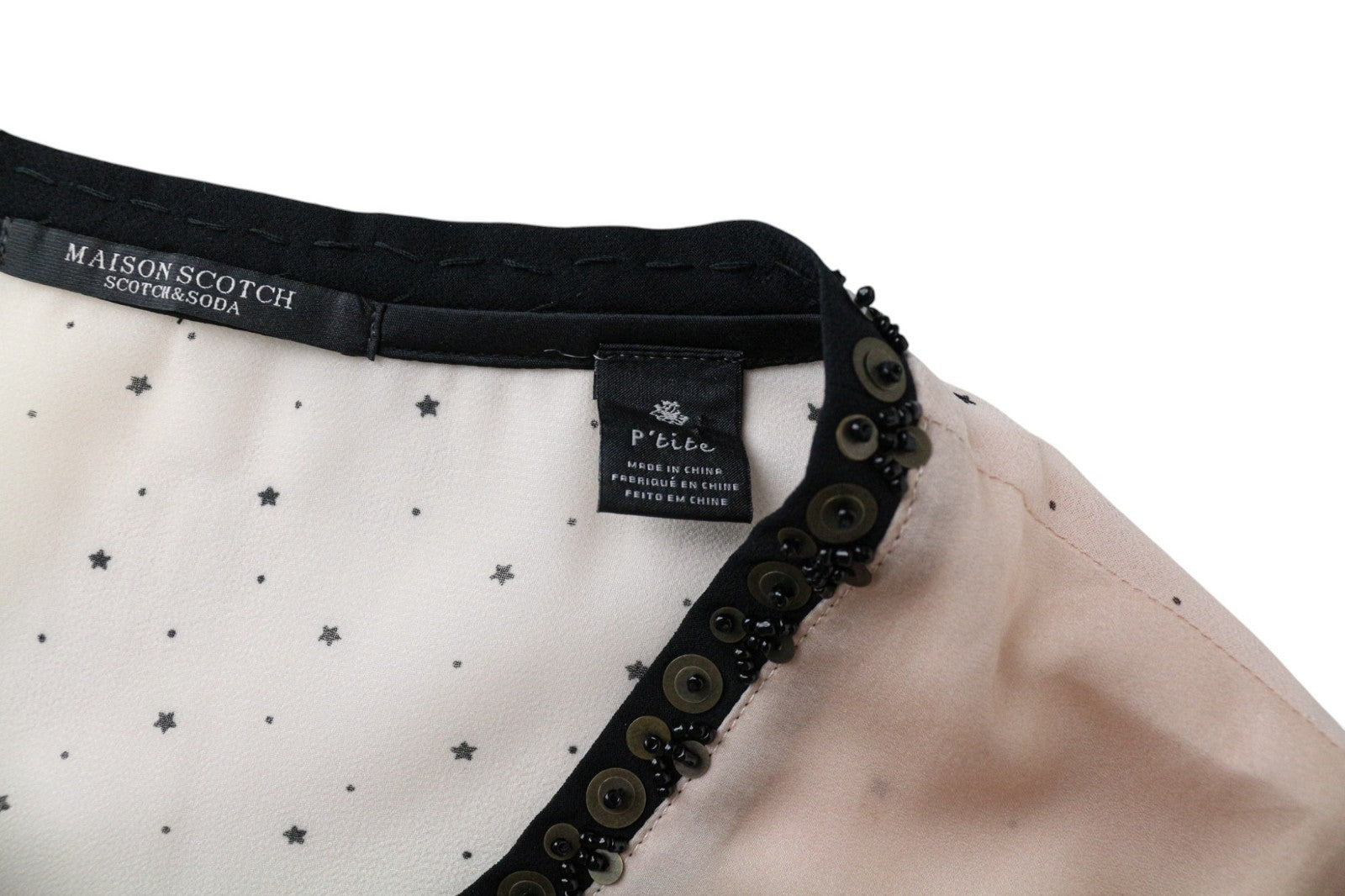 MAISON SCOTCH moteriški marškinėliai XS rožiniai su logotipu ir lengvu raštuotu megztiniu 