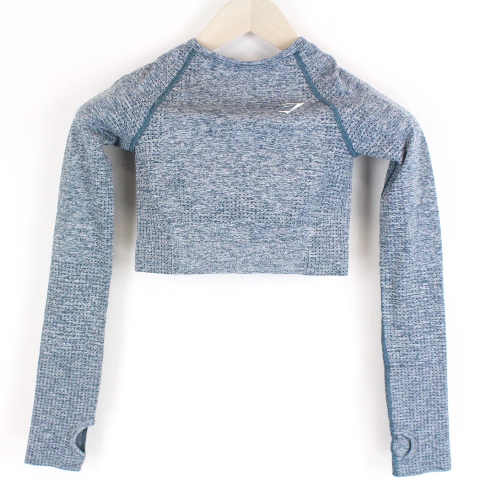 GYMSHARK Vital moteriški marškinėliai XS dydžio mėlynai pilki ilgomis rankovėmis, tamprūs sportiniai marškinėliai 