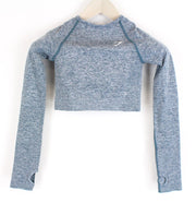 GYMSHARK Vital moteriški marškinėliai XS dydžio mėlynai pilki ilgomis rankovėmis, tamprūs sportiniai marškinėliai 