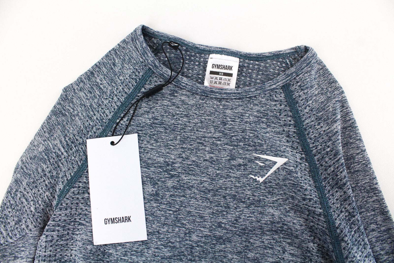 GYMSHARK Vital moteriški marškinėliai XS dydžio mėlynai pilki ilgomis rankovėmis, tamprūs sportiniai marškinėliai 