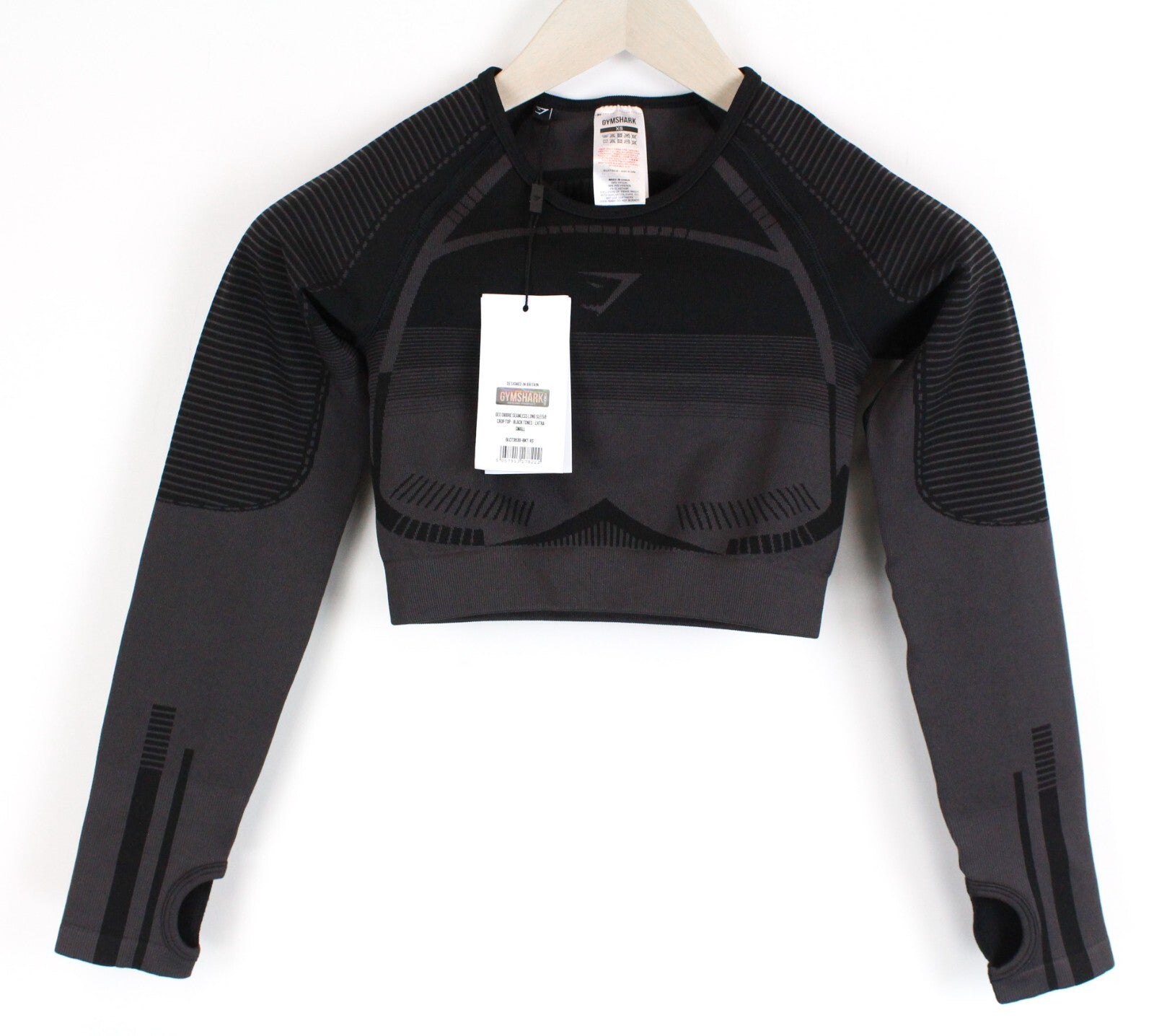 GYMSHARK Geo moteriški marškinėliai XS dydžio, juodi, ilgomis rankovėmis, trumpinti, tamprūs sportiniai marškinėliai 