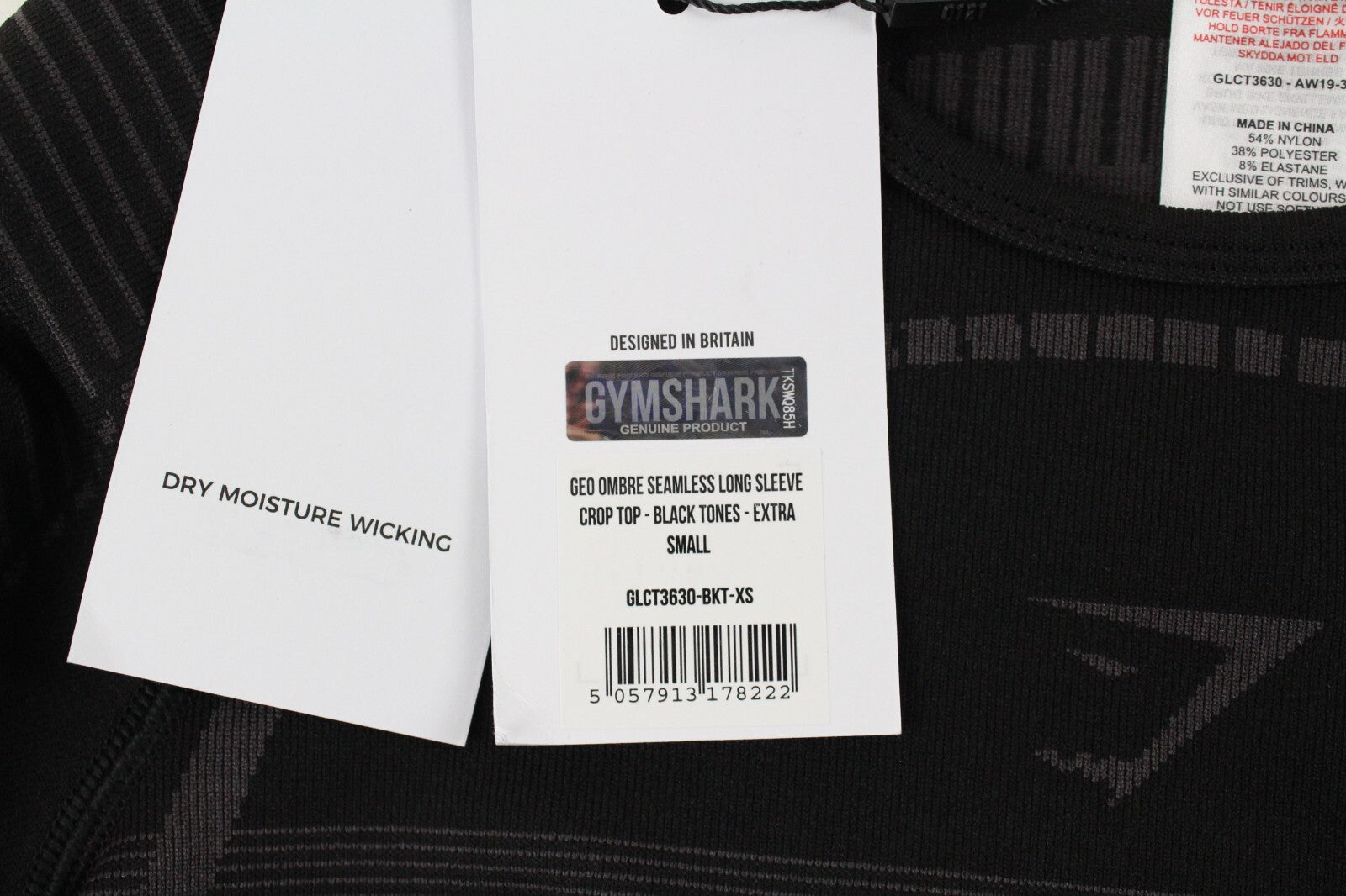 GYMSHARK Geo moteriški marškinėliai XS dydžio, juodi, ilgomis rankovėmis, trumpinti, tamprūs sportiniai marškinėliai 