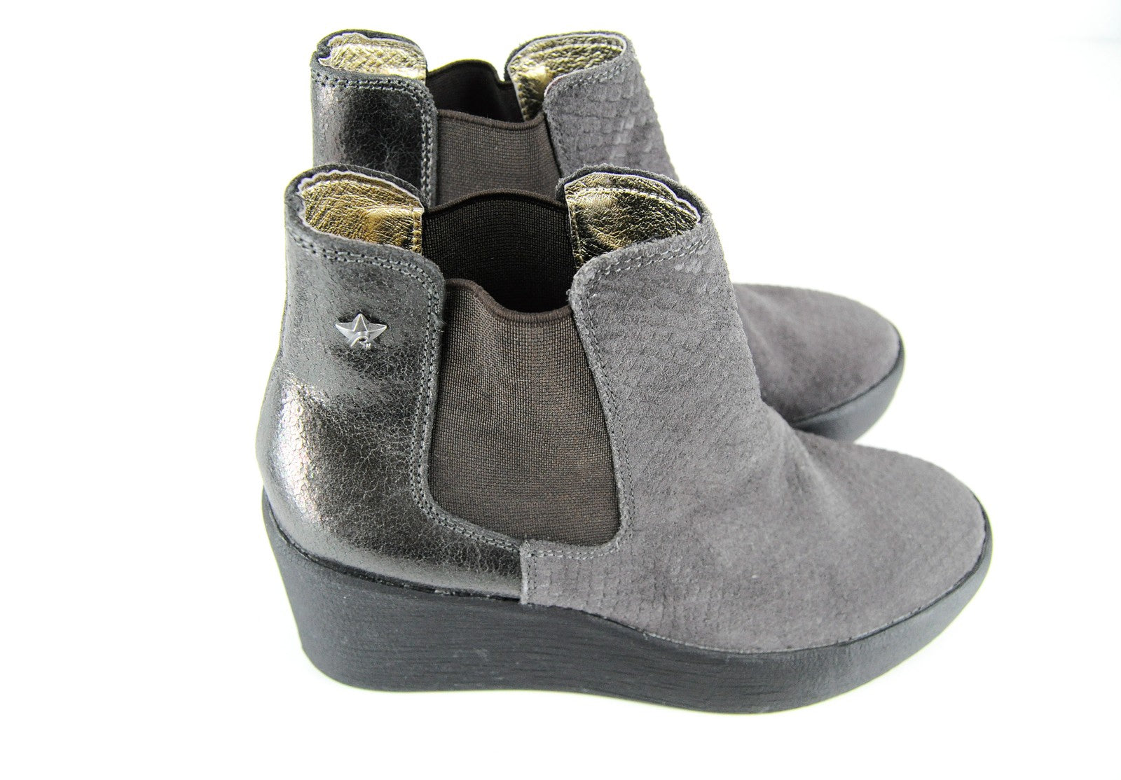 REPLAY pleištiniai moteriški pilki bateliai su dirbtiniu gyvatės raštu ir blizgančiais uždarais pirštais, EU36 