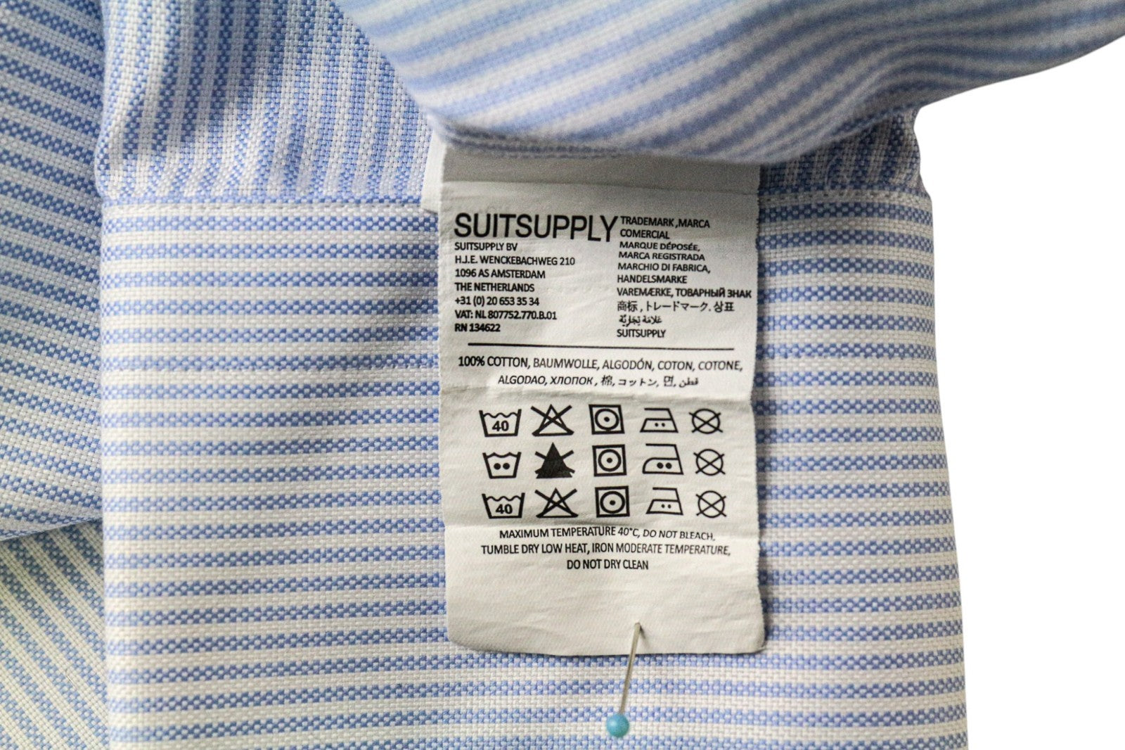 SUITSUPPLY vyriški oficialūs marškinėliai 42/16.5 Itin ploni grynos medvilnės mėlyna juostele formalūs