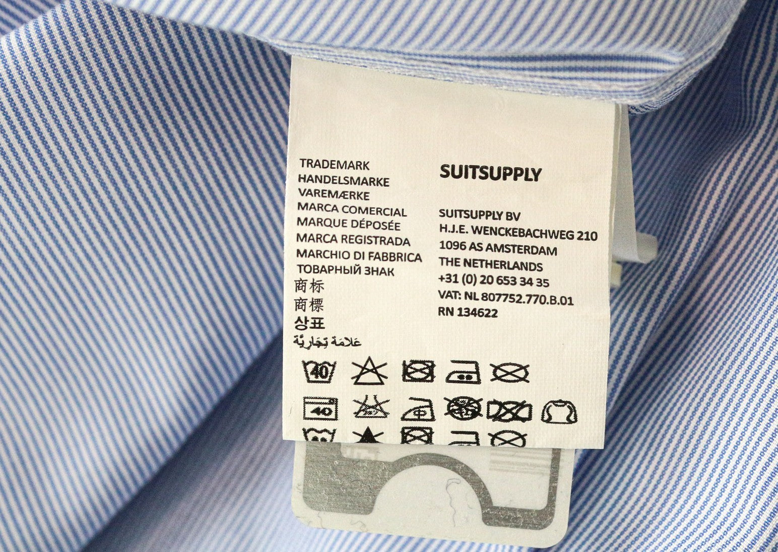 SUITSUPPLY vyriški formalūs marškinėliai 40/15.75 itin ploni medvilniniai mėlyni dryžuoti raštuoti 