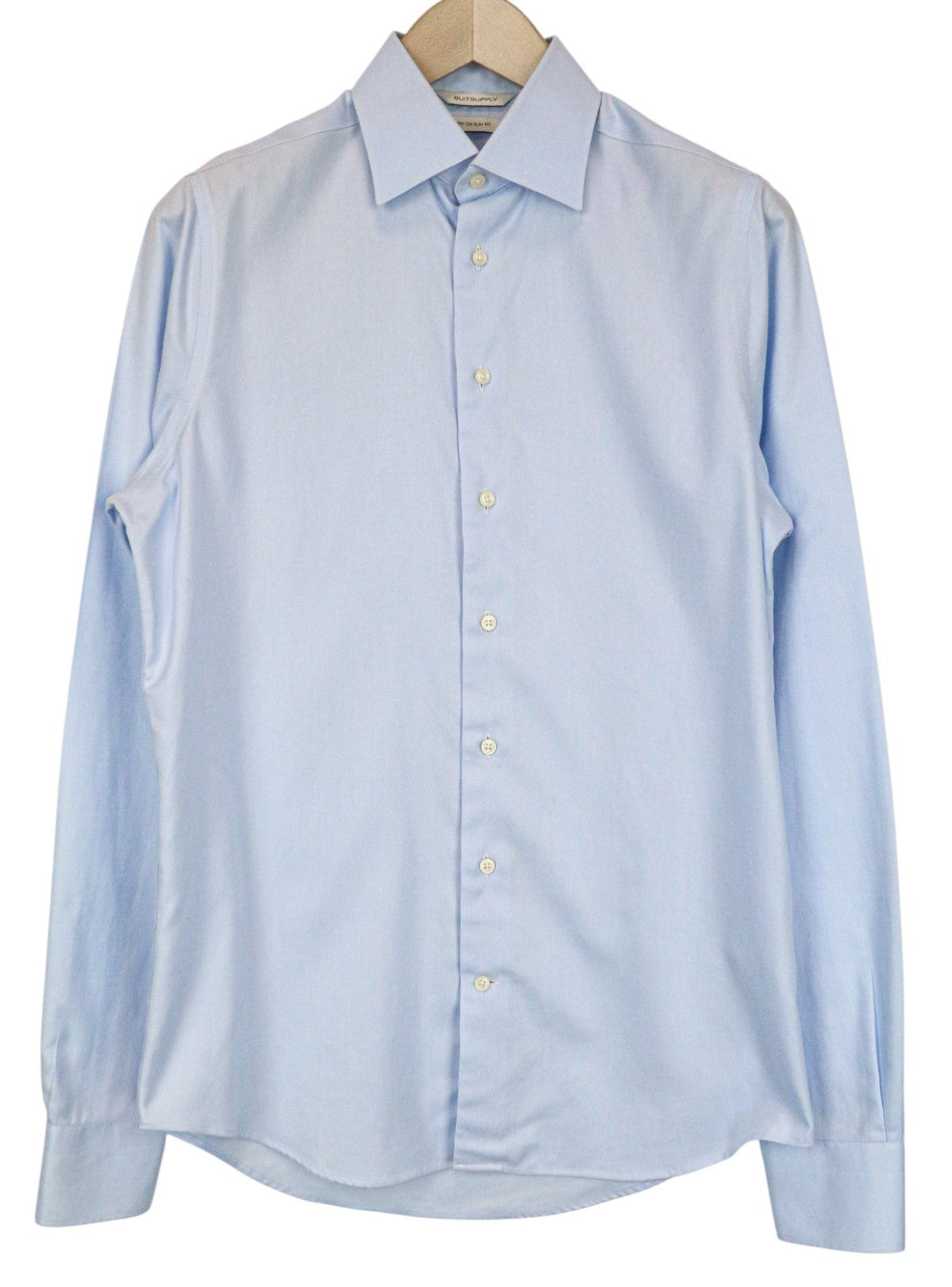 SUITSUPPLY vyriški formalūs marškiniai, 38L/15L, ploni mėlyni medvilniniai marškiniai su platėjančia apykakle, gryna medvilnė 