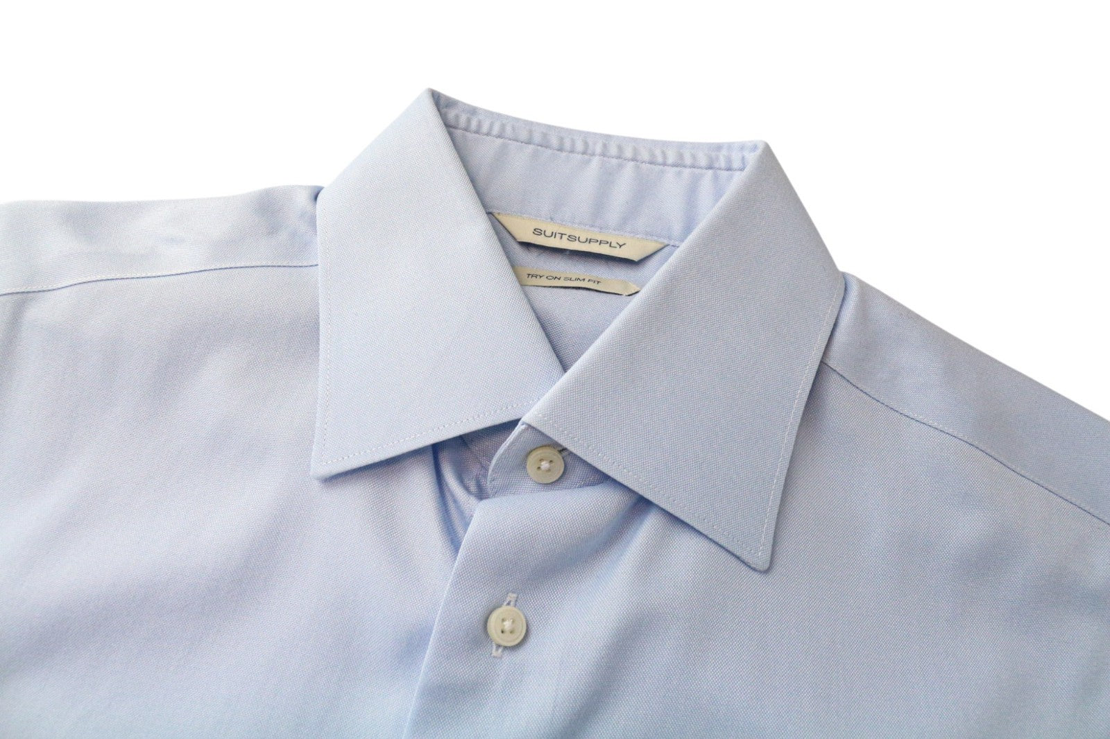 SUITSUPPLY vyriški formalūs marškiniai, 38L/15L, ploni mėlyni medvilniniai marškiniai su platėjančia apykakle, gryna medvilnė 