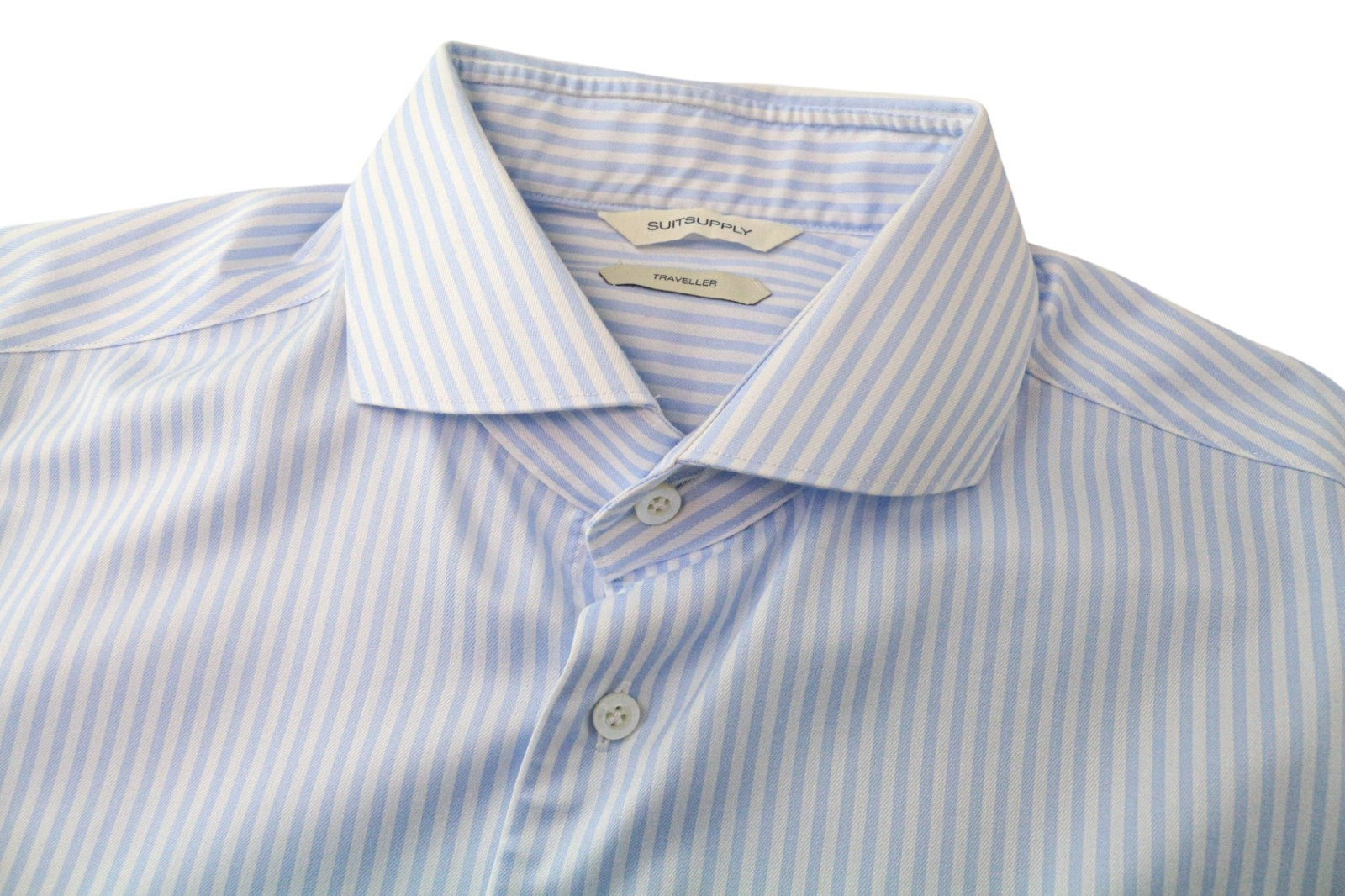 „SUITSUPPLY Traveller“ vyriški formalūs marškinėliai, 43 dydis, ypač ploni, mėlyni, balti, medvilniniai dryželiai 