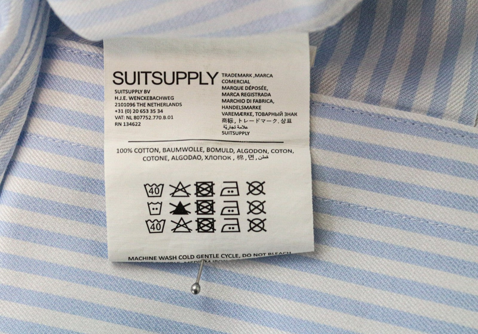 „SUITSUPPLY Traveller“ vyriški formalūs marškinėliai, 43 dydis, ypač ploni, mėlyni, balti, medvilniniai dryželiai 