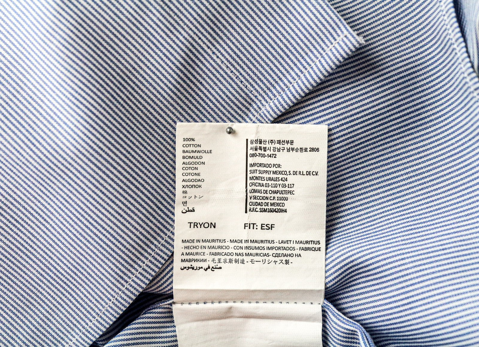 SUITSUPPLY Men's Formal Shirt 40/15 3/4 Extra Slim Blue Cotton Stripe Cutaway