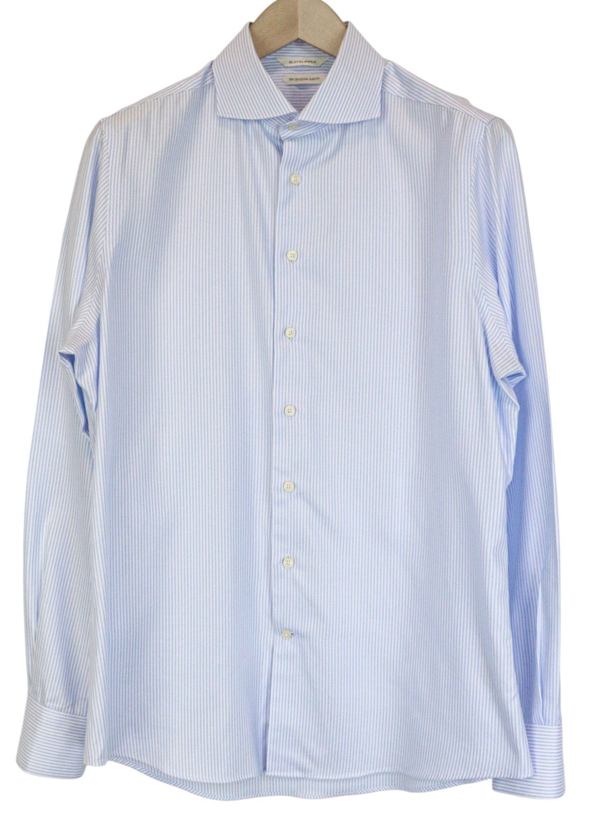 SUITSUPPLY Men's Formal Shirt 41/16 Extra Slim Blue Striped Pure Cotton Try On